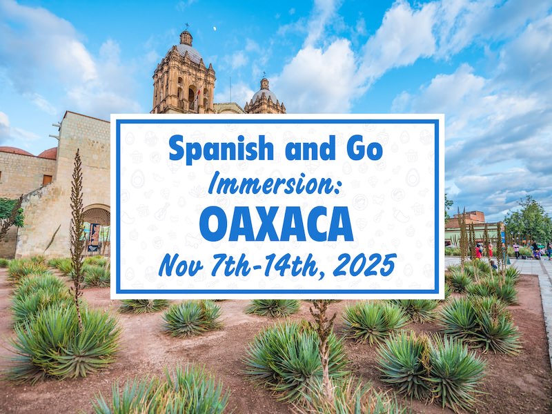 View of the Santo Domingo Church in Oaxaca City with a vibrant blue sky and agave plants in the foreground, overlaid with text promoting the Spanish and Go Beginner/Intermediate Spanish Immersion Retreat in Oaxaca, November 7th-14th, 2025.