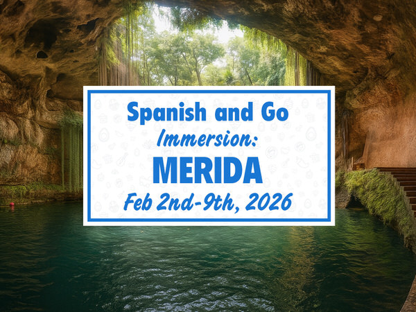 Scenic cenote cave filled with emerald water and vegetation, advertising Spanish and Go immersion retreat in Mérida, Mexico for February 2–9, 2026.