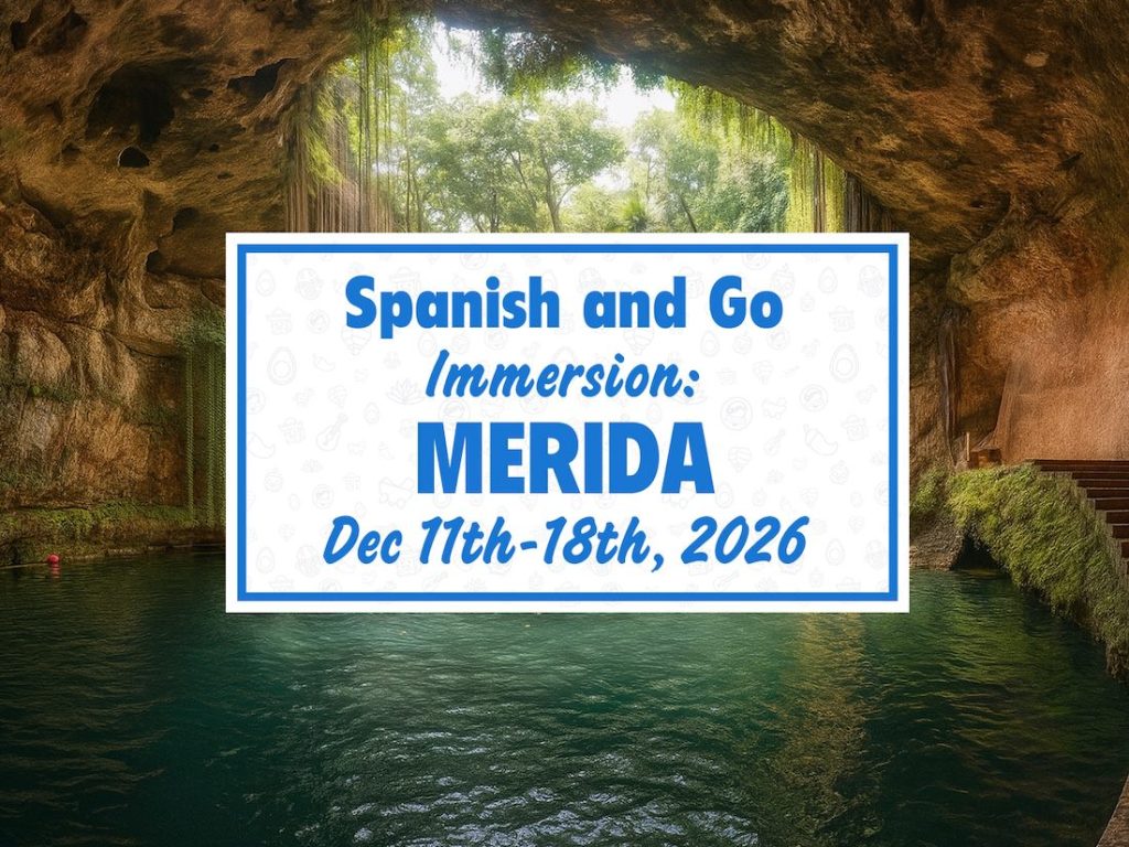 Spanish and Go Immersion Retreat in Mérida (Intermediate/Advanced), Dec 11–18, 2026, with cenote cave and turquoise water background.